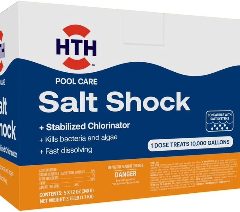 HTH 52047 Swimming Pool Care Salt Shock, Stabilized Chlorinator, 1 dose Treats 10000 gallons, 5x12oz Packets - Image 1